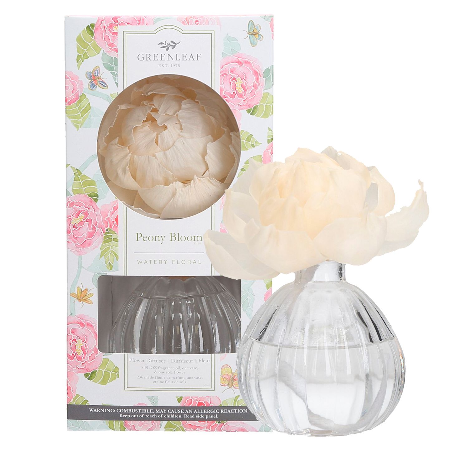 Blumendiffusor mit Pfingstrosenblüte. Glasbehälter mit Flüssigkeit und Blüte. Verpackung mit floralem Muster und Produktnamen.