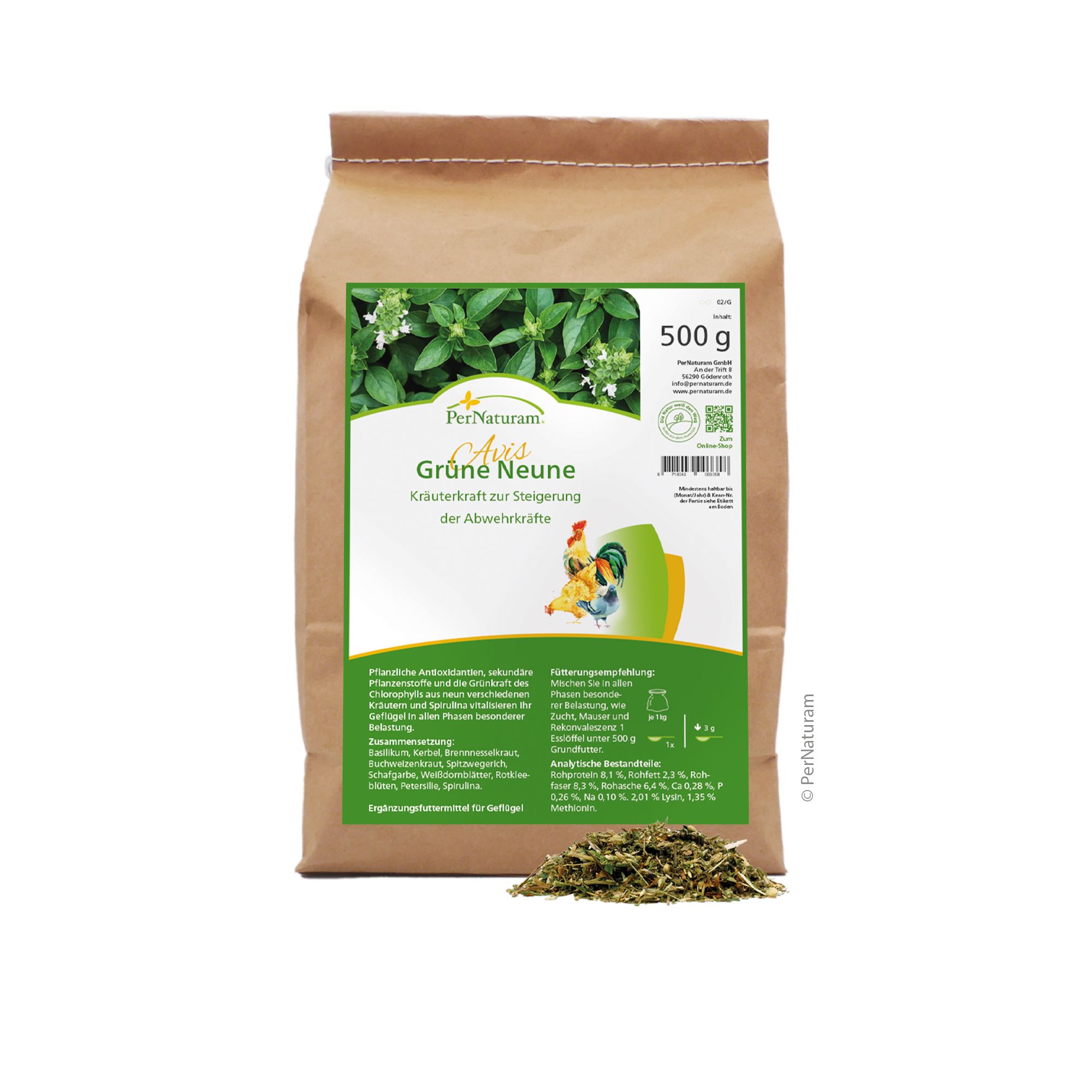 Braune Papiertüte mit grünem Etikett. Text: Grüne Neune, 500g. Kräuterkraft für Geflügel. PerNaturam Logo.