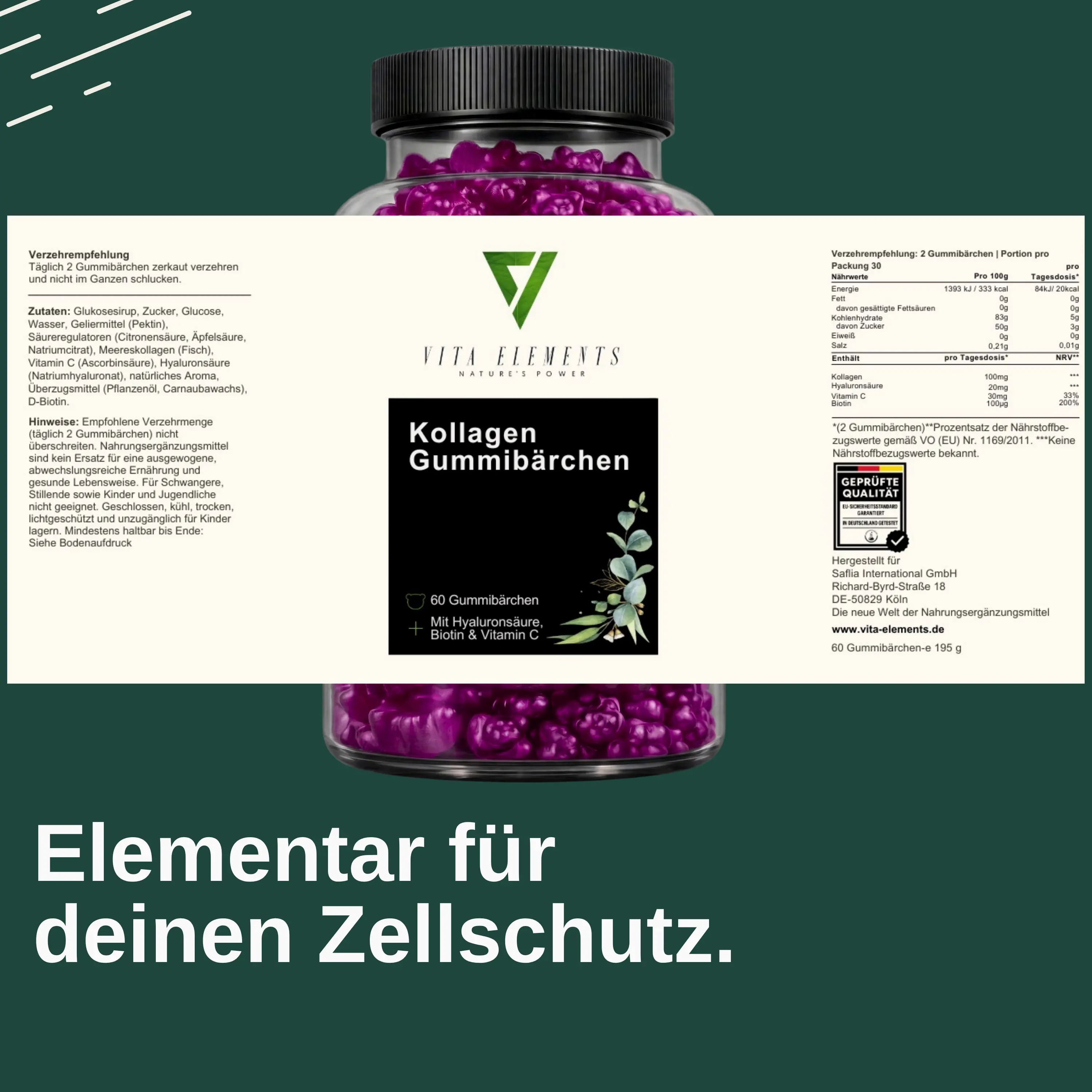 Flasche mit lila Kollagen-Gummibärchen, Vita Elements Logo, "Kollagen Gummibärchen" Aufschrift, "60 Gummibärchen".