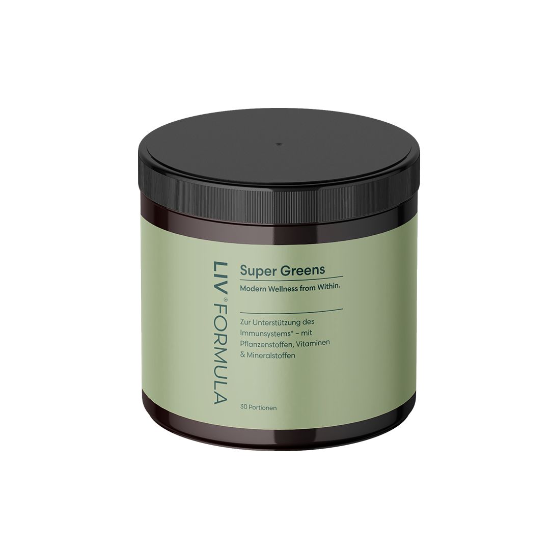 Braune Dose mit grünem Etikett. Text: LIV Formula, Super Greens. Schwarzer Deckel. Auf weißem Hintergrund.