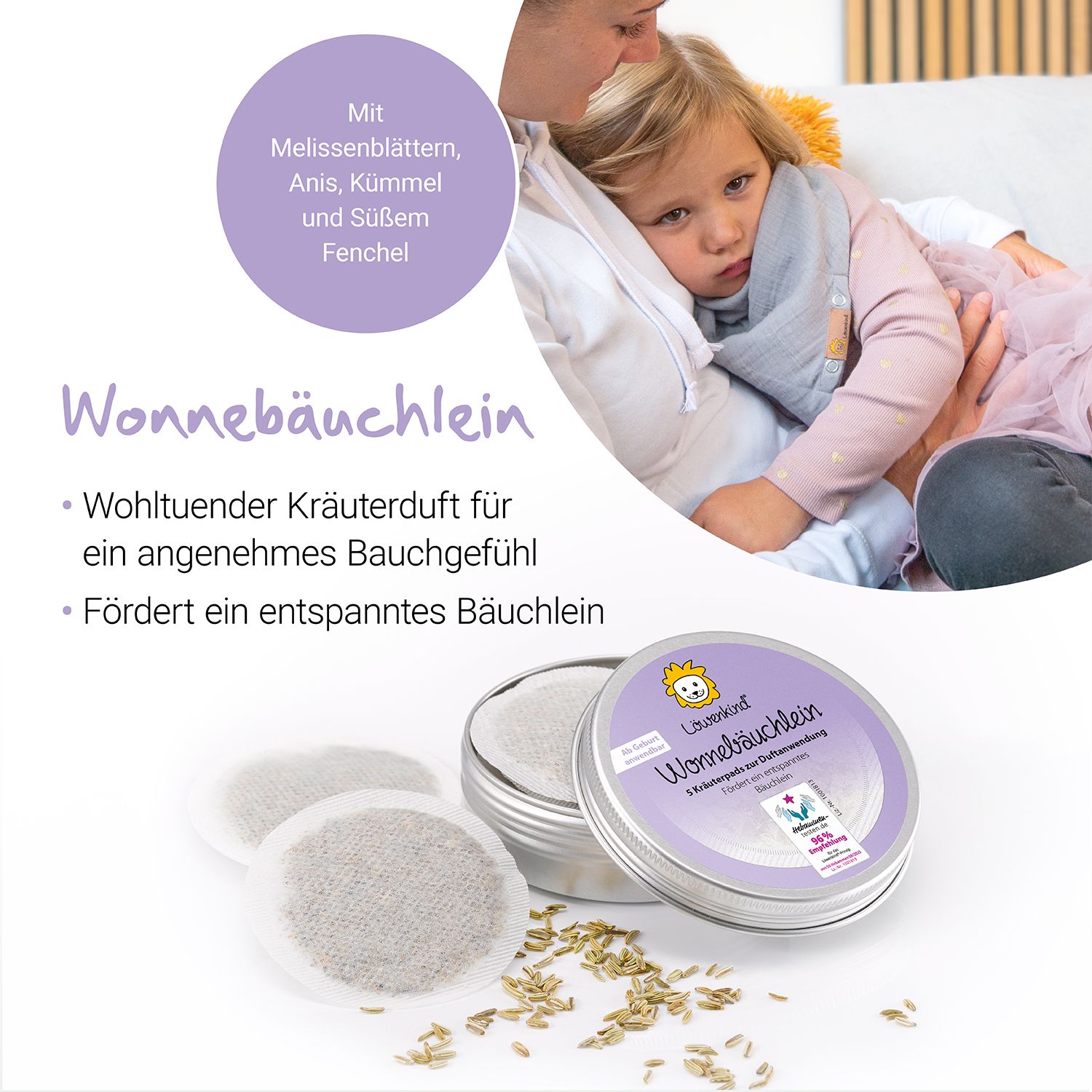 Runde Metalldose mit Kräuterpad. Aufschrift: LÖWENKIND Wonnebäuchlein. 3 Pads. Kind mit Mutter. Kräuter und Fenchel.