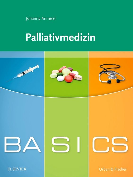 Buchcover: Palliativemedizin. Titel, Autorin, Illustrationen von Spritze, Tabletten und Stethoskop. Logos von Elsevier und Urban & Fischer.