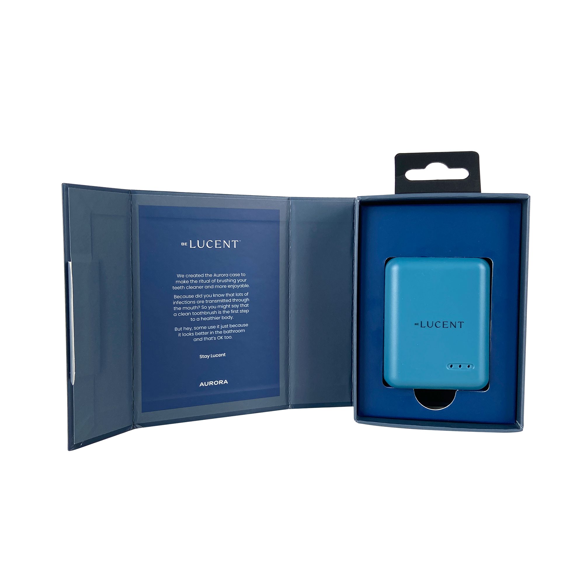 Geöffnete Verpackung mit blauem Etui und Text. Marke "be LUCENT".