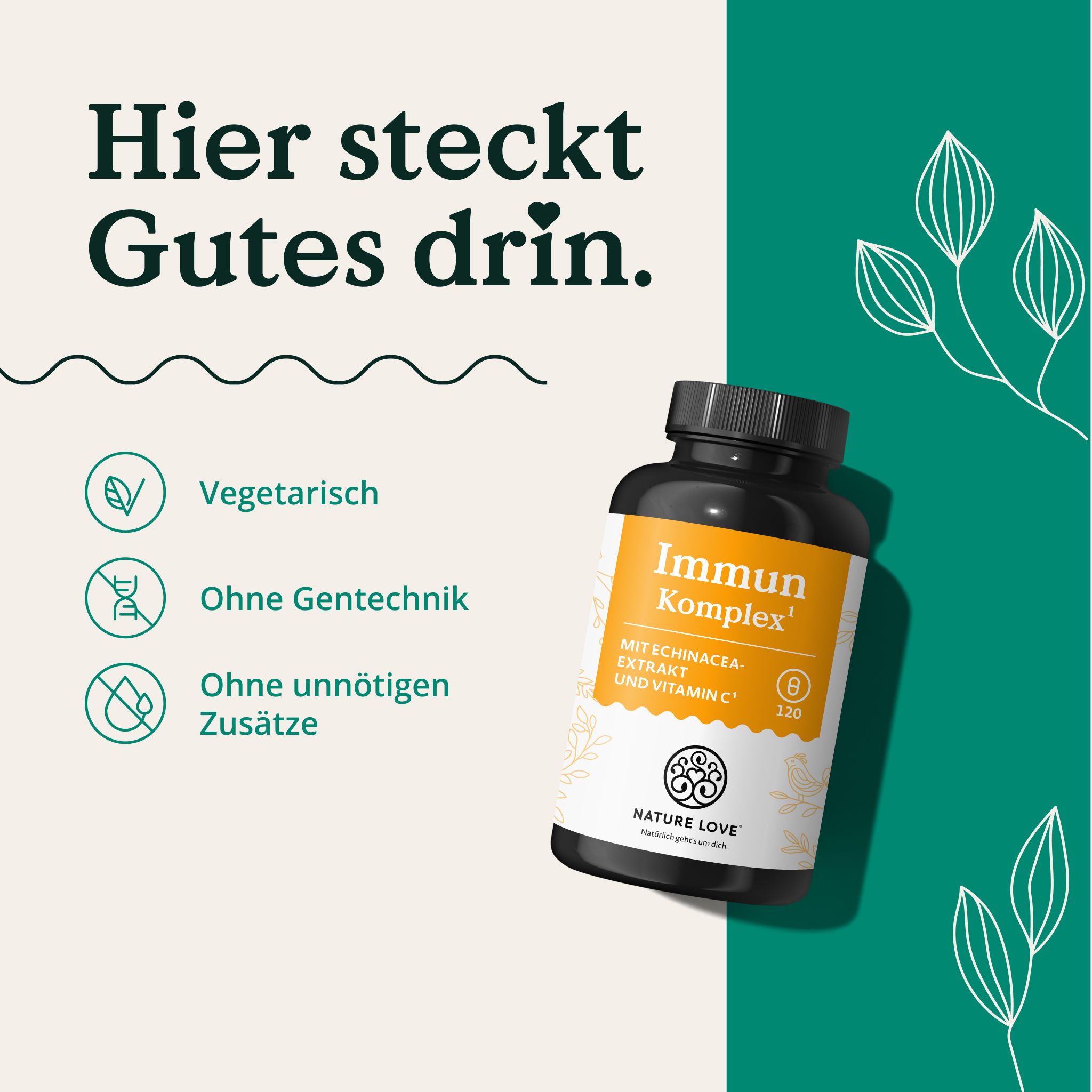 Flasche "Immun Komplex", "Hier steckt Gutes drin.", vegetarisch, ohne Gentechnik, ohne unnötige Zusätze.