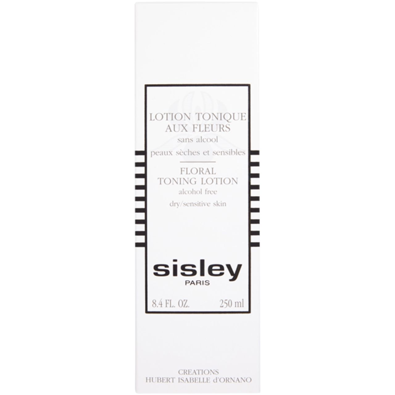 Weiße Verpackung mit schwarzer Schrift. Aufschrift: Lotion Tonique aux Fleurs, Sisley. Für trockene, empfindliche Haut.