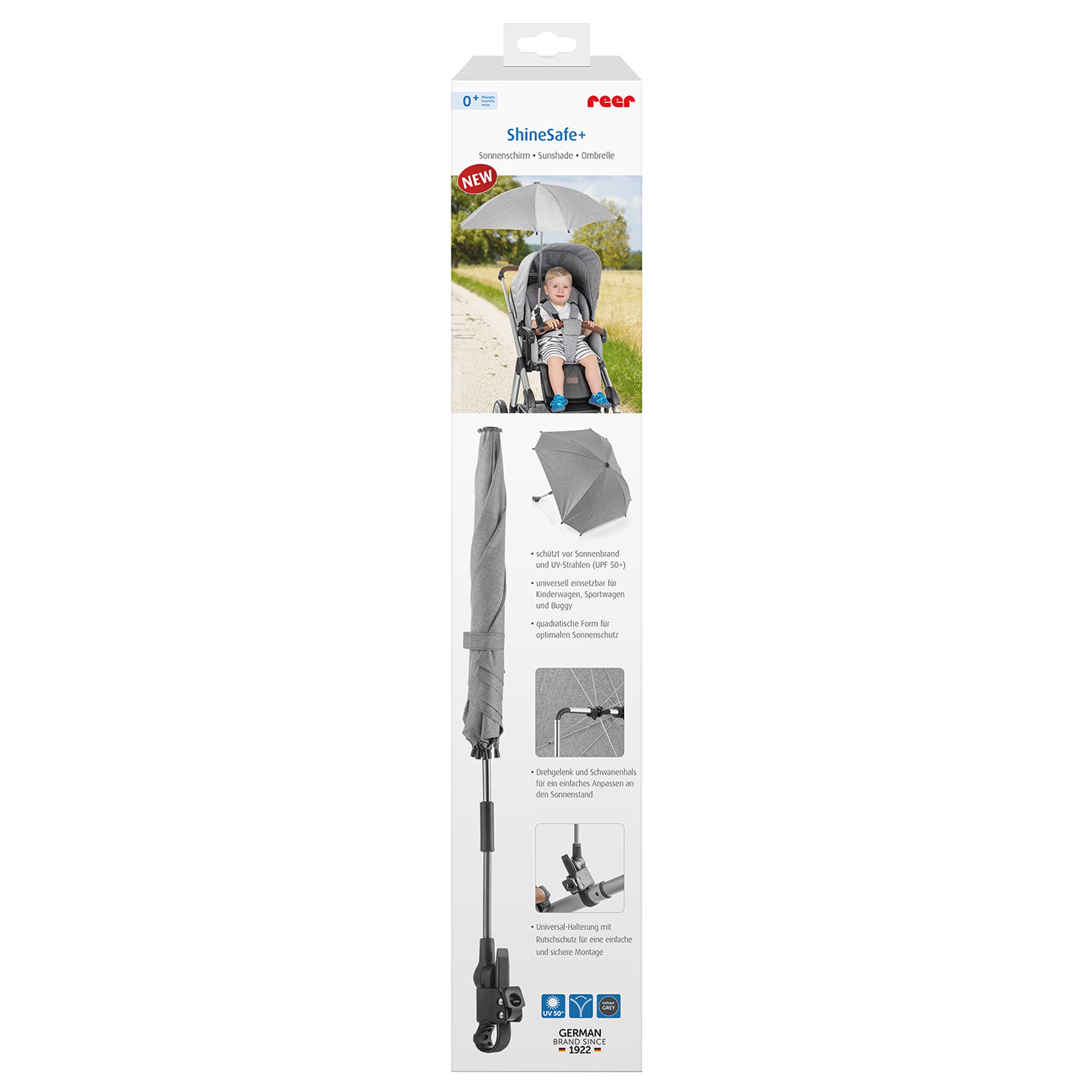 reer ShineSafe Kinderwagen-Sonnenschirm für Kinderwagen, Grau Melange