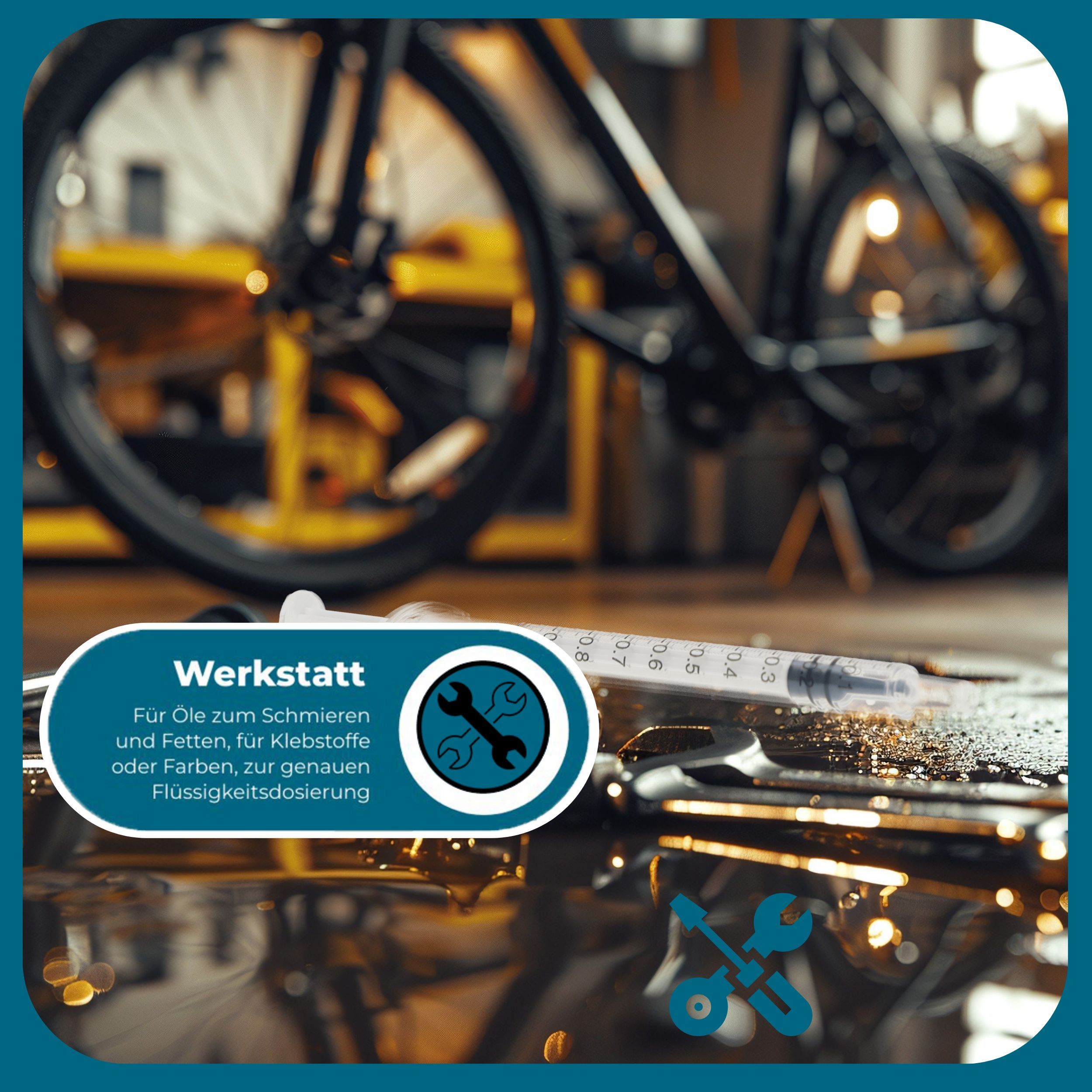 Spritze auf einer Werkbank. Text: Werkstatt, für Öle, Fette, Klebstoffe oder Farben, zur genauen Flüssigkeitsdosierung.