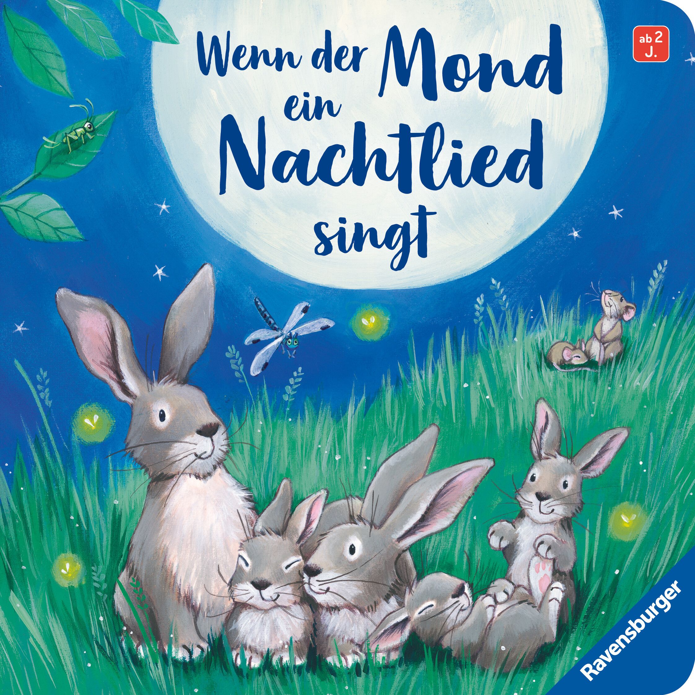Buchcover mit Titel "Wenn der Mond ein Nachtlied singt". Illustration: Hasenfamilie im Gras unter Mond und Sternen.
