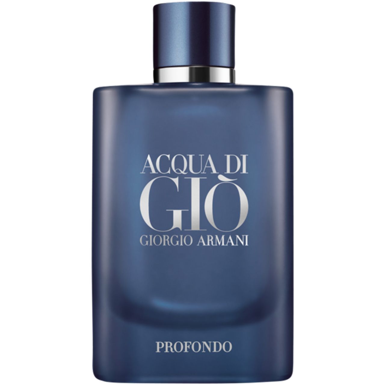 Blaues Parfümflakon mit silberner Kappe. Aufschrift: Acqua di Giò Giorgio Armani Profondo.
