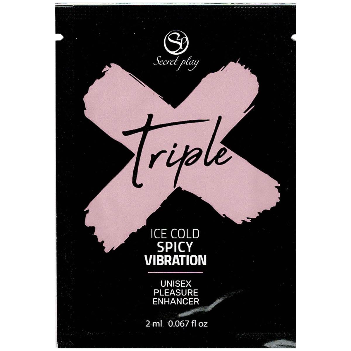 Schwarze Verpackung mit rosa X-Design und Text. Enthält die Aufschrift "Secret play Triple", "Ice Cold Spicy Vibration" und "Unisex Pleasure Enhancer".