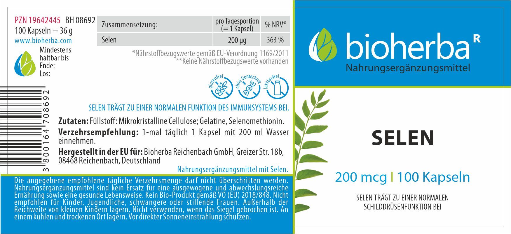 Etikett mit Produktinformationen. Enthält Angaben zu Inhaltsstoffen, Dosierung und Hersteller. Text: Selen, 200 mcg, 100 Kapseln.