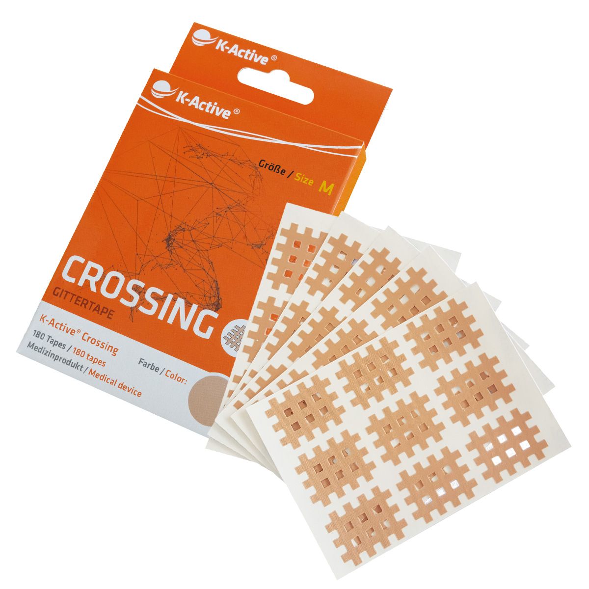 K-Active Crossing Gittertape in Verpackung. Orangefarbene Schachtel mit Produktname und Größe M. Beige Gittertapes liegen daneben.