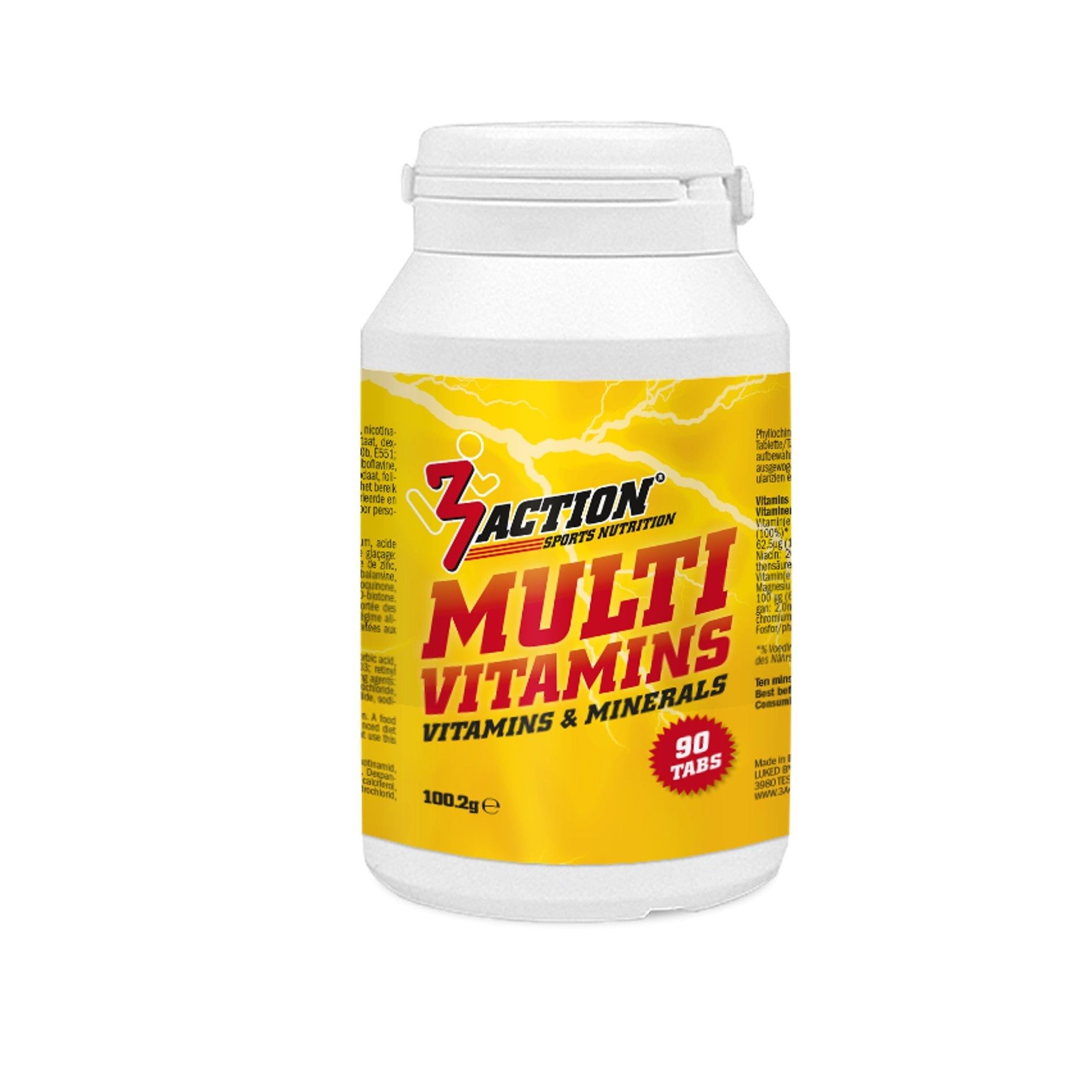 Weiße Flasche mit gelbem Etikett. Aufschrift: 3Action Multi Vitamins, 90 Tabletten. Enthält Vitamine & Mineralien.