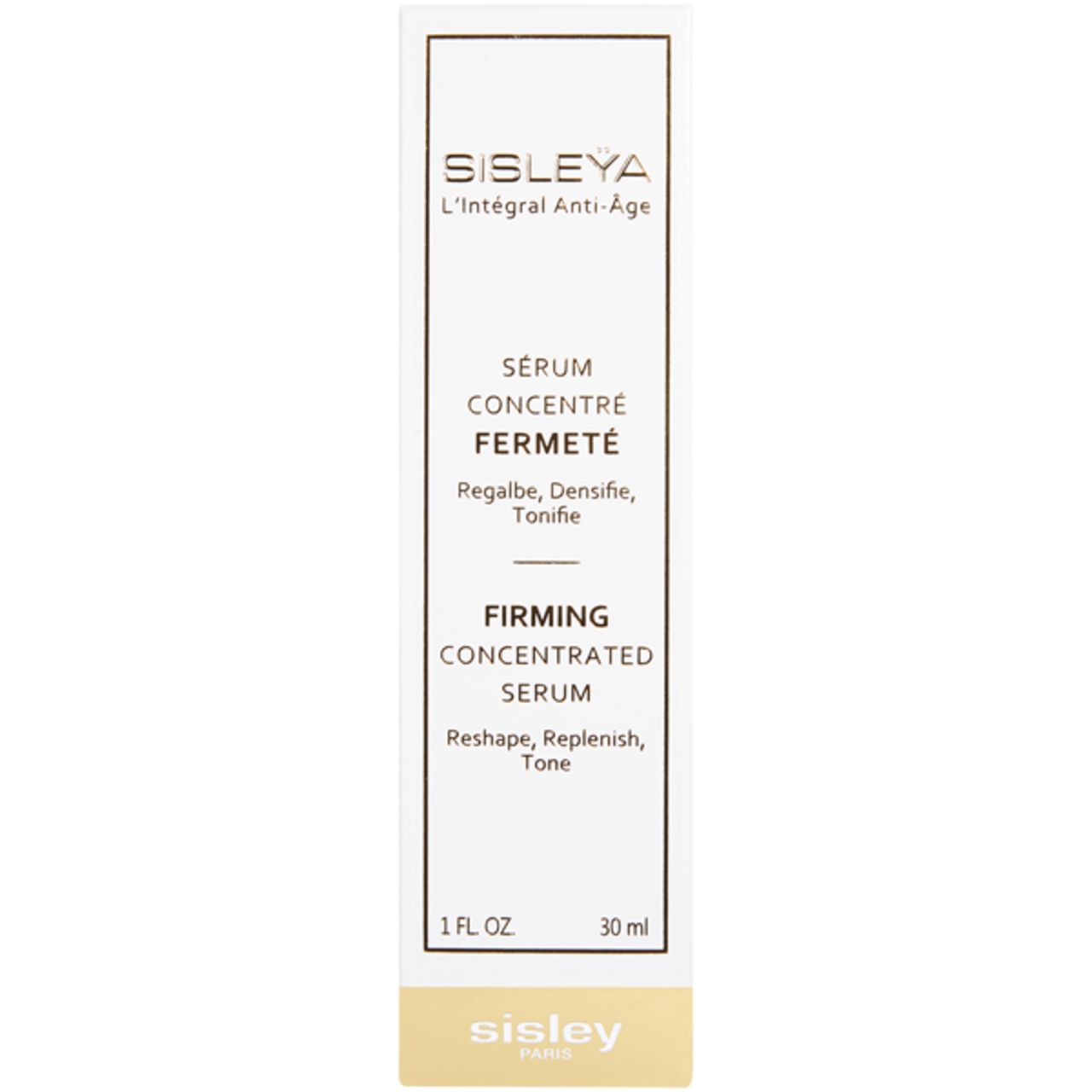 Weißer Karton mit Produktinformationen. Aufschrift: Sisleya L'Intégral Anti-Âge, Sérum concentré fermeté, Firming Concentrated Serum, 1 FL. OZ., 30 ml.