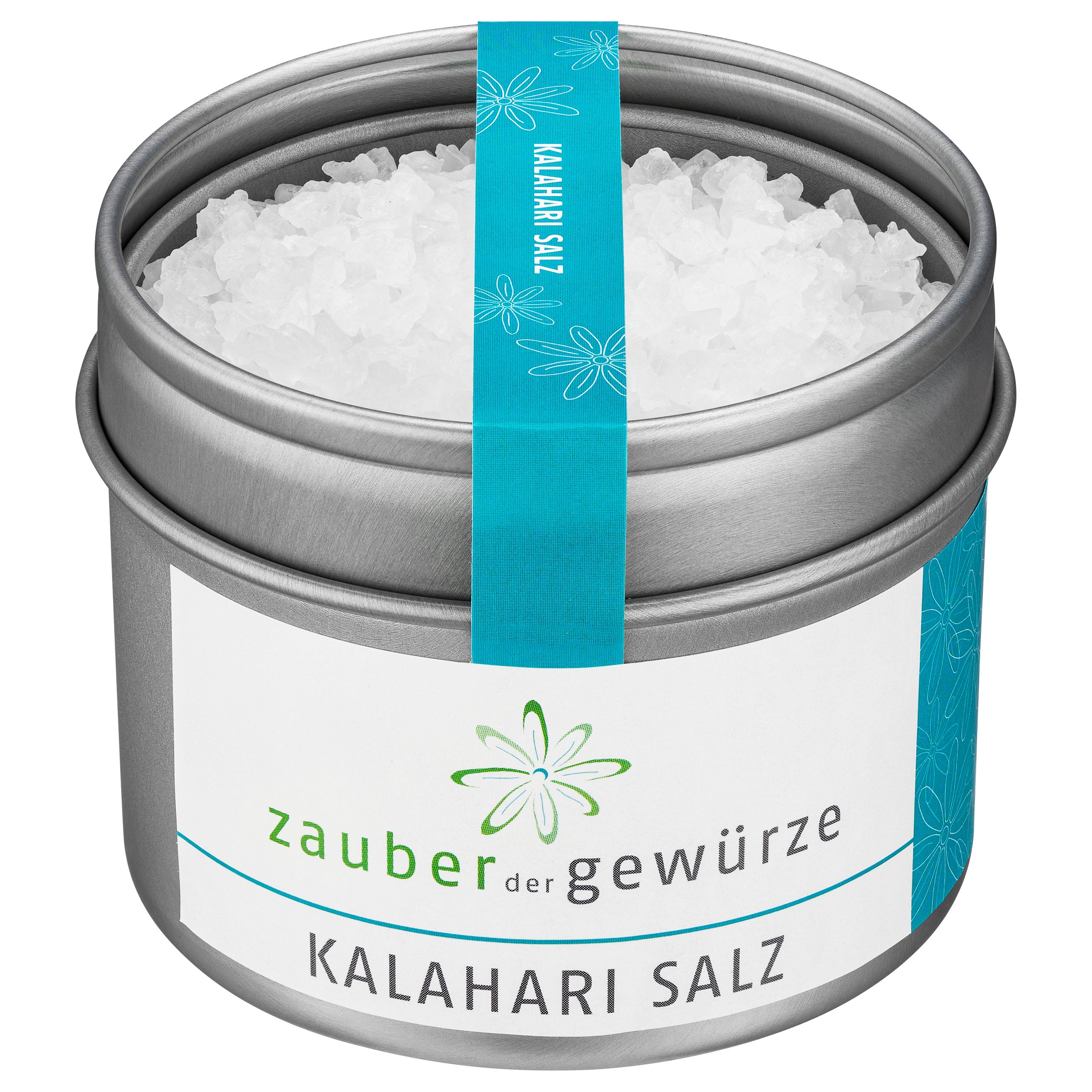 Runde Dose mit Kalahari Salz. Türkisfarbenes Band mit Schriftzug. Weißes Etikett mit Logo und Schriftzug.