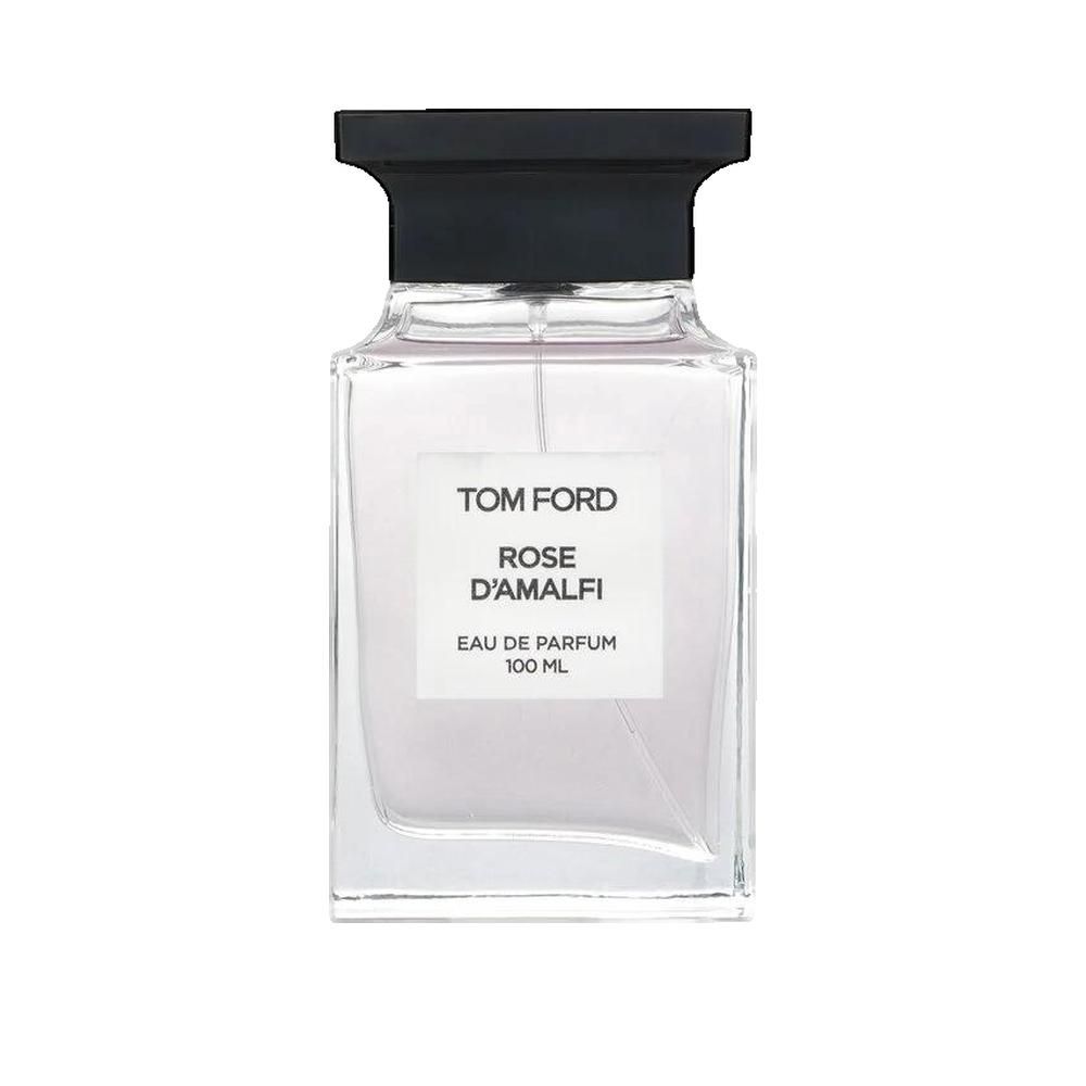 Parfumflakon. Schwarzer Deckel, rechteckige Flasche mit weißem Etikett. "Tom Ford Rose D'Amalfi".