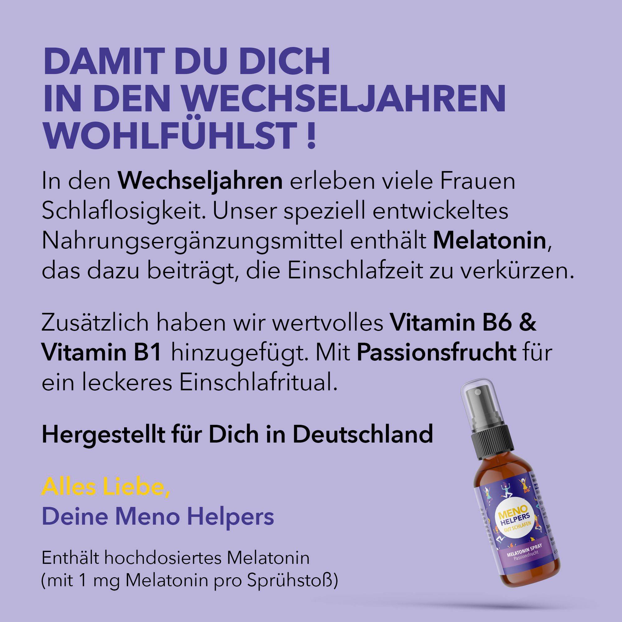 Text auf lila Hintergrund. Enthält Informationen über Melatonin, Vitamin B6 und B1. Hergestellt in Deutschland. Kleine Sprühflasche.