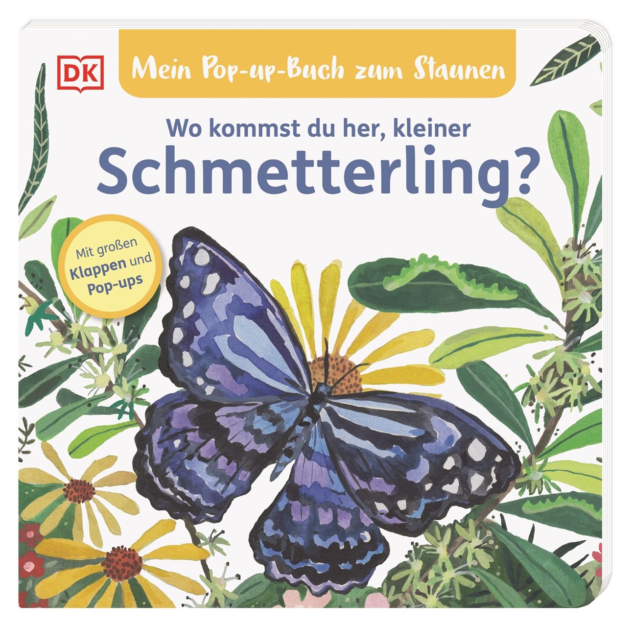 Buchcover mit Titel: Wo kommst du her, kleiner Schmetterling? Illustration eines Schmetterlings und Blumen.
