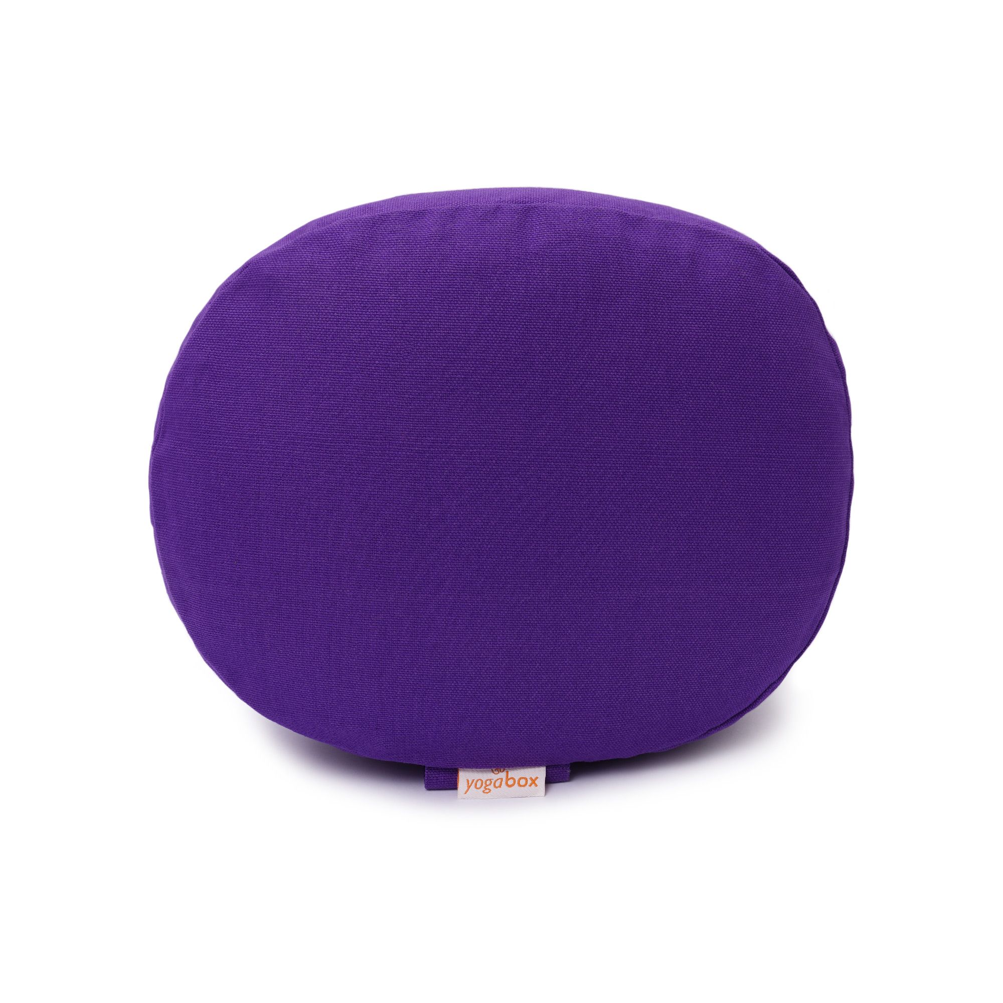 Rückansicht eines lila Yogabox Yogilino Meditationskissens, oval, mit Yogabox-Label.