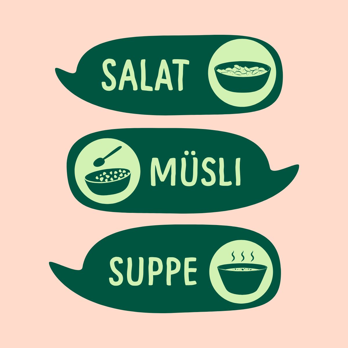 Grüne Sprechblasen mit Text: Salat, Müsli, Suppe. Illustrationen von Schalen mit Flocken.