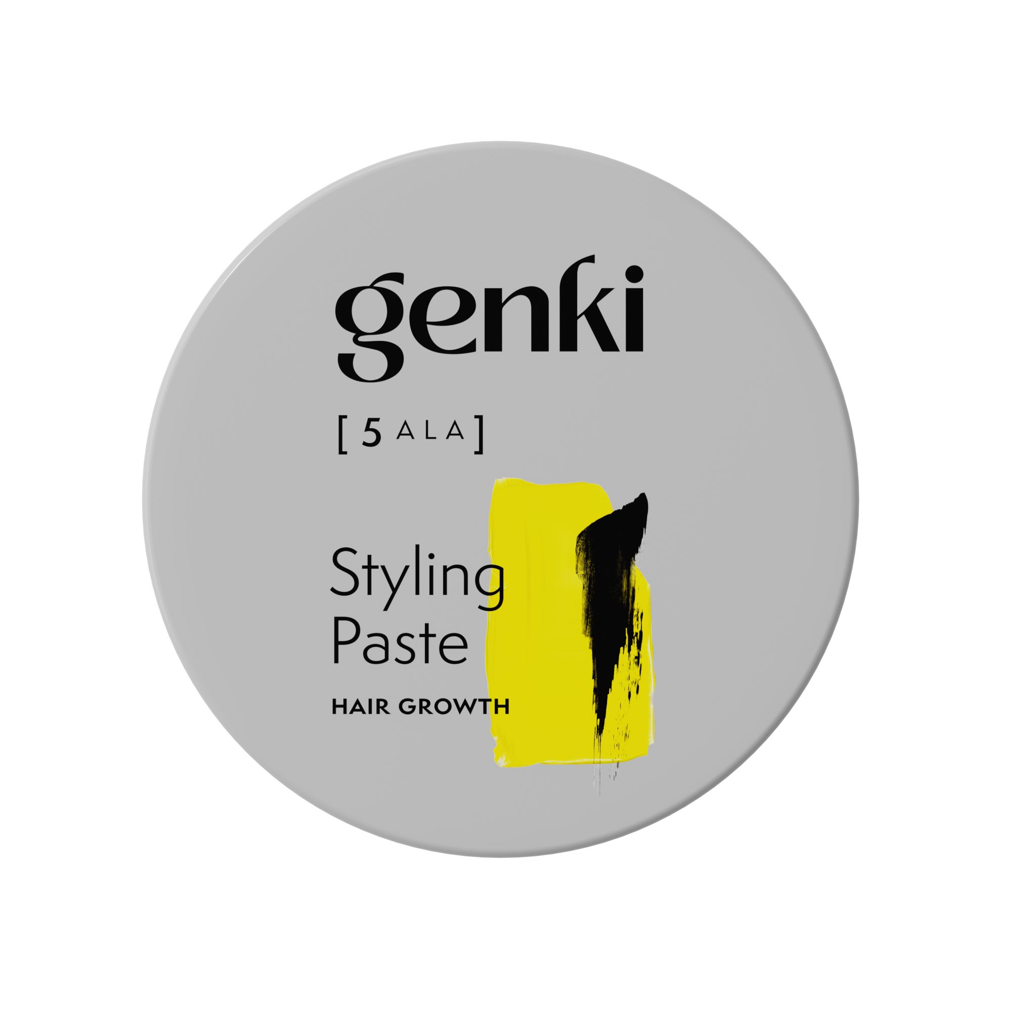 Genki [5 ALA] Styling Paste Dose, grau, von oben. Gelber Farbfleck, schwarze Schrift.