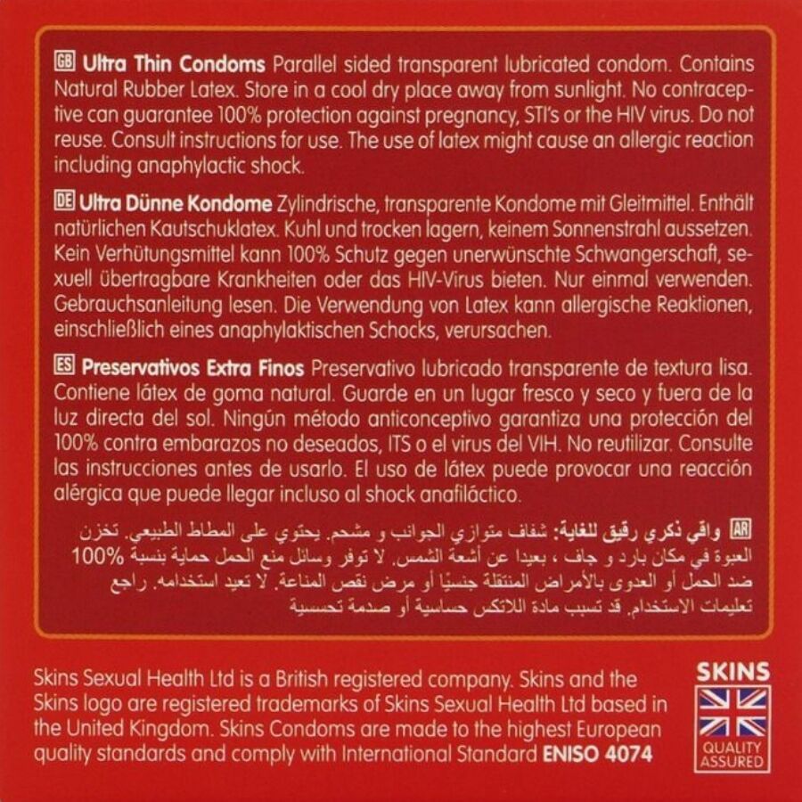 Text auf Englisch, Deutsch, Spanisch und Arabisch. Beschreibt Ultra Thin Kondome. Enthält Informationen zu Material, Schutz und Gebrauch.