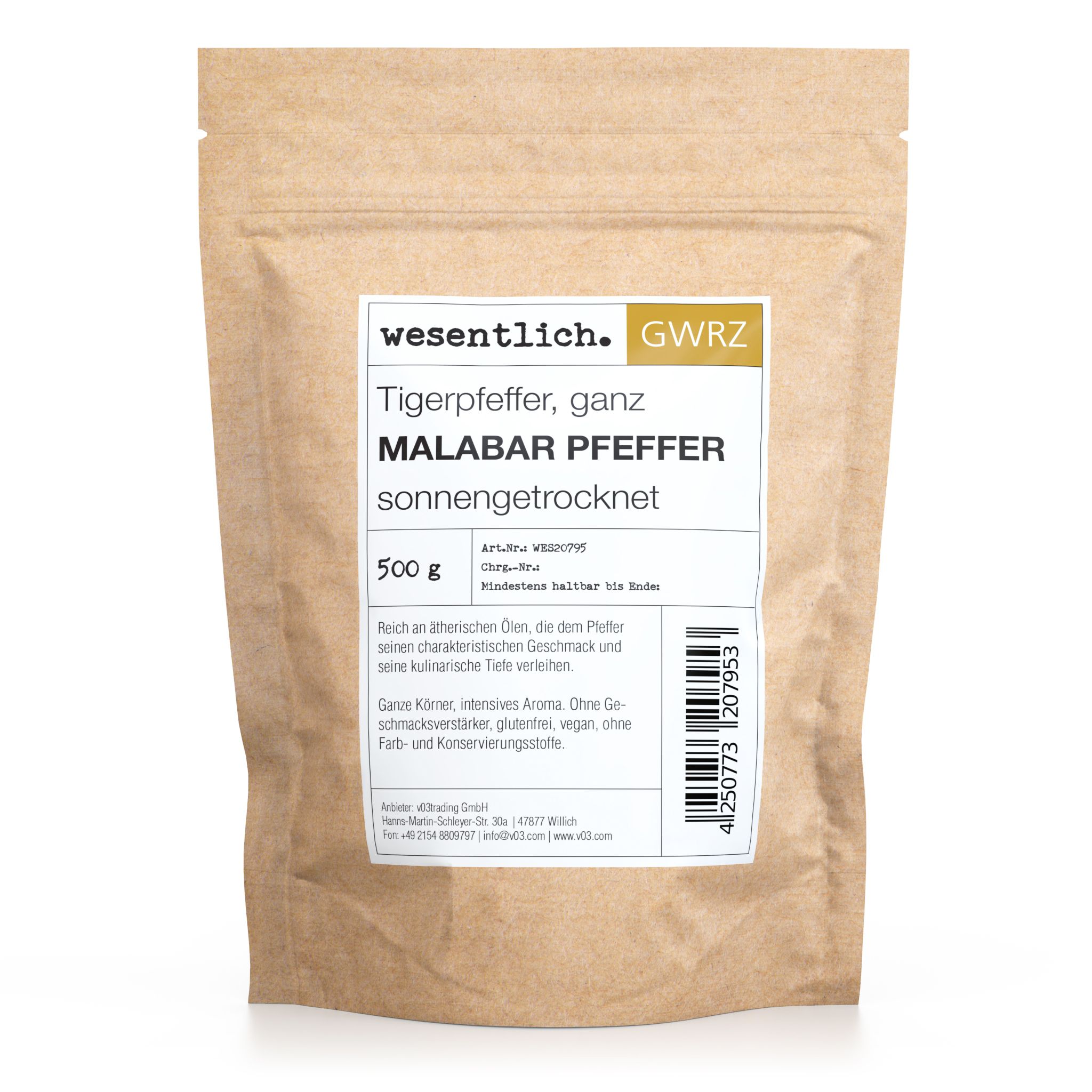 Beutel mit Malabar Pfeffer, sonnengetrocknet. Aufschrift: wesentlich. 500g. Text: Tigerpfeffer, ganz.