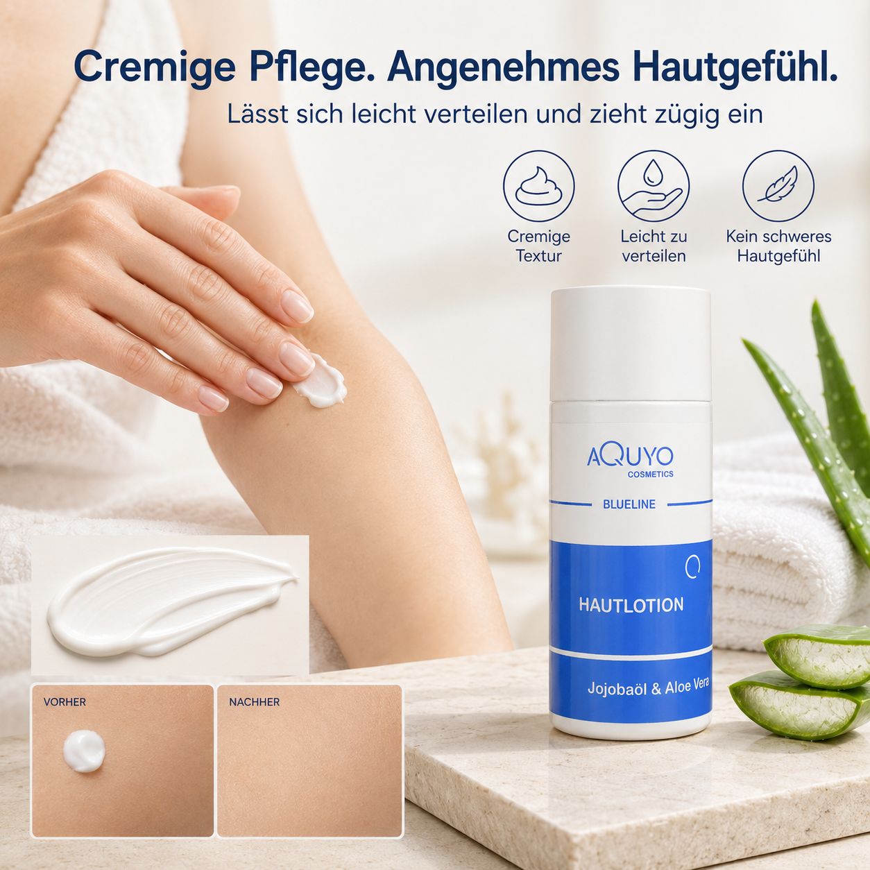 Cremige Blueline Hautlotion mit Aloe Vera & Jojobaöl auf der Haut.