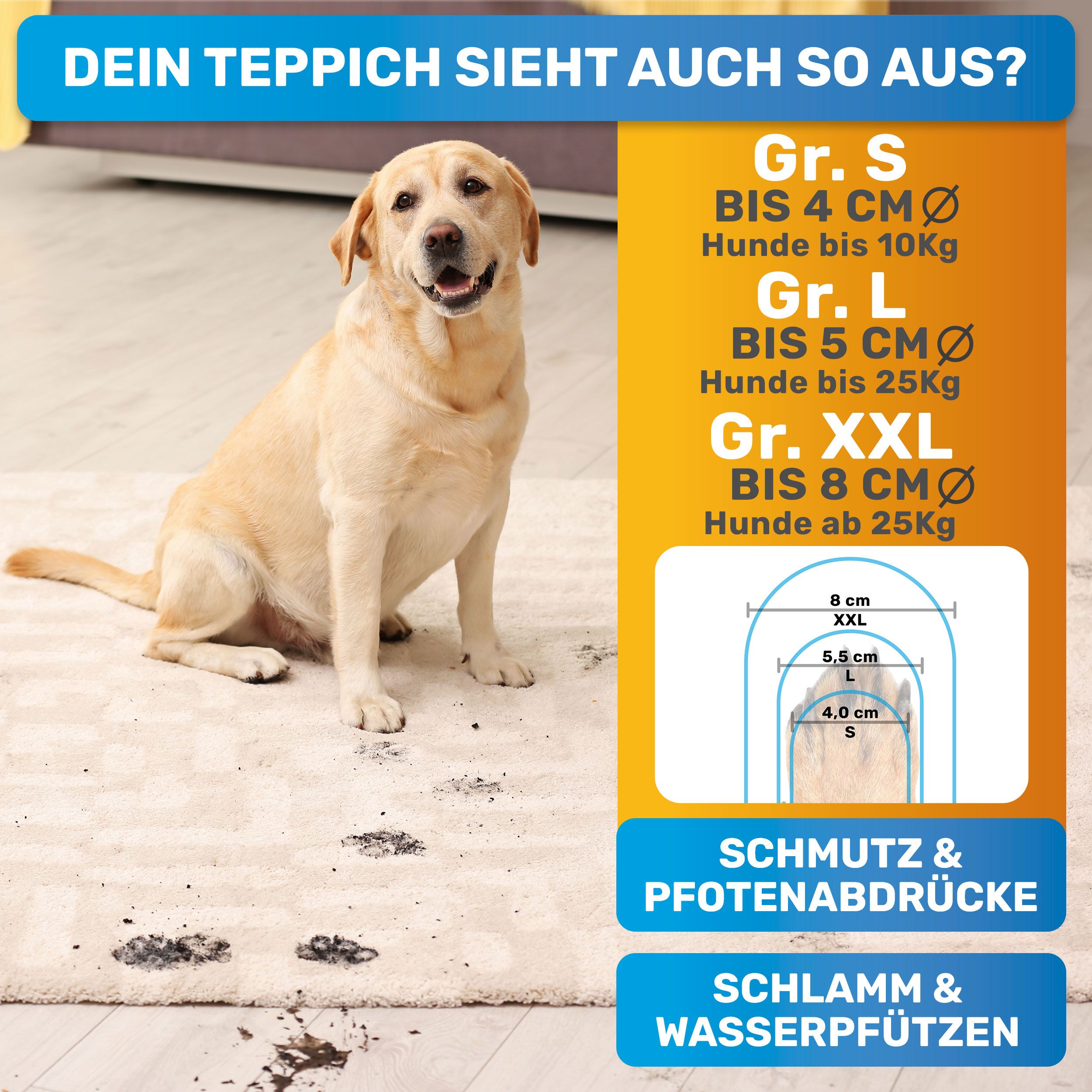 Hund auf Teppich mit Pfotenabdrücken. Größenangaben: S, L, XXL. Größenvergleich mit Pfotenbreiten in cm. Text: Schmutz & Pfotenabdrücke, Schlamm & Wasserpfützen.