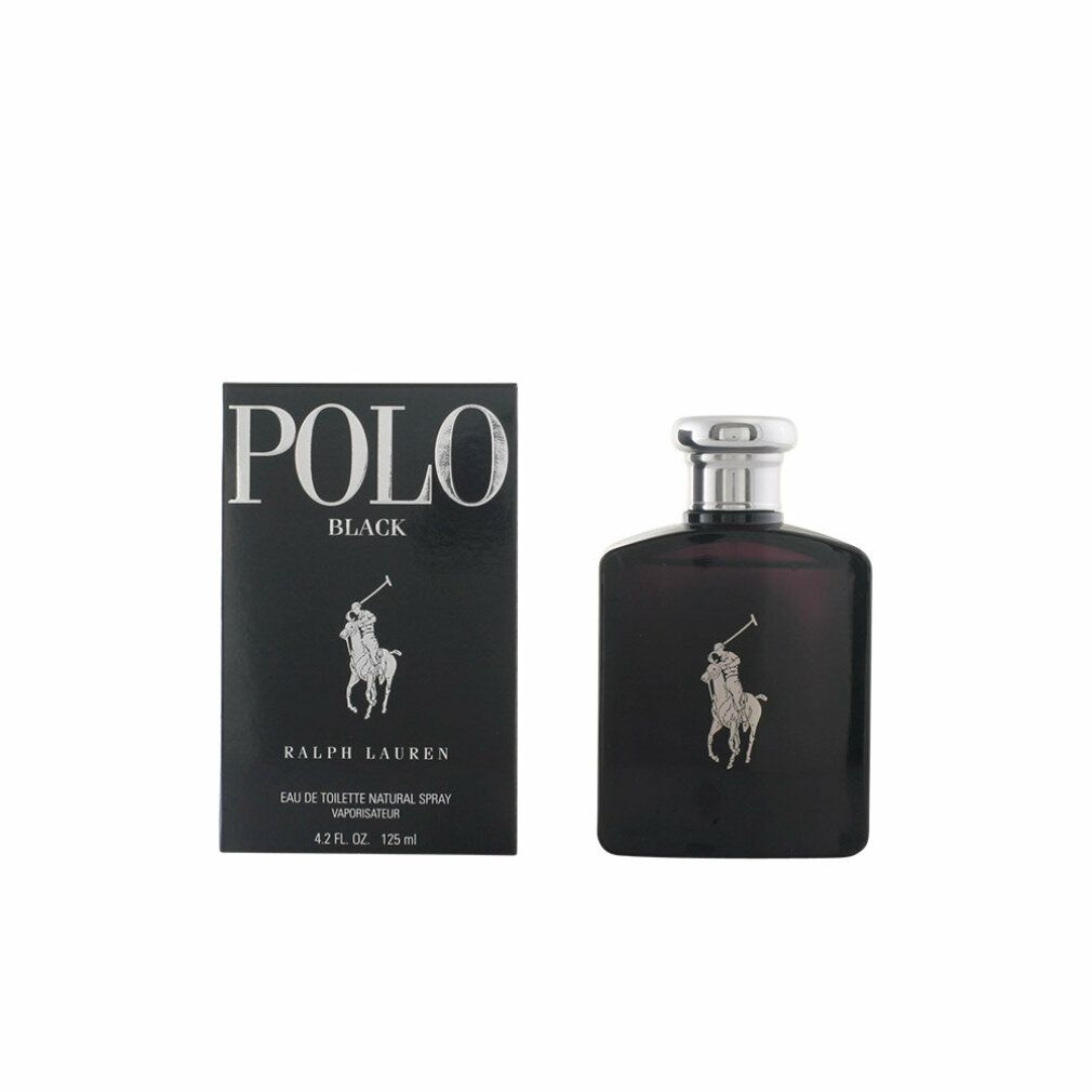 Schwarze Flasche und Karton. Flasche mit silbernem Verschluss und Logo. Karton mit "POLO BLACK" und Logo. "RALPH LAUREN".