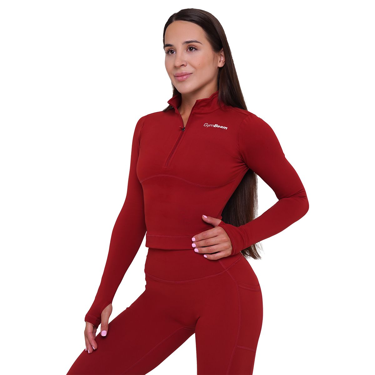 GymBeam Sport-Top Damen Ignite körpernah mit Kragen und Langarm in Dunkelrot