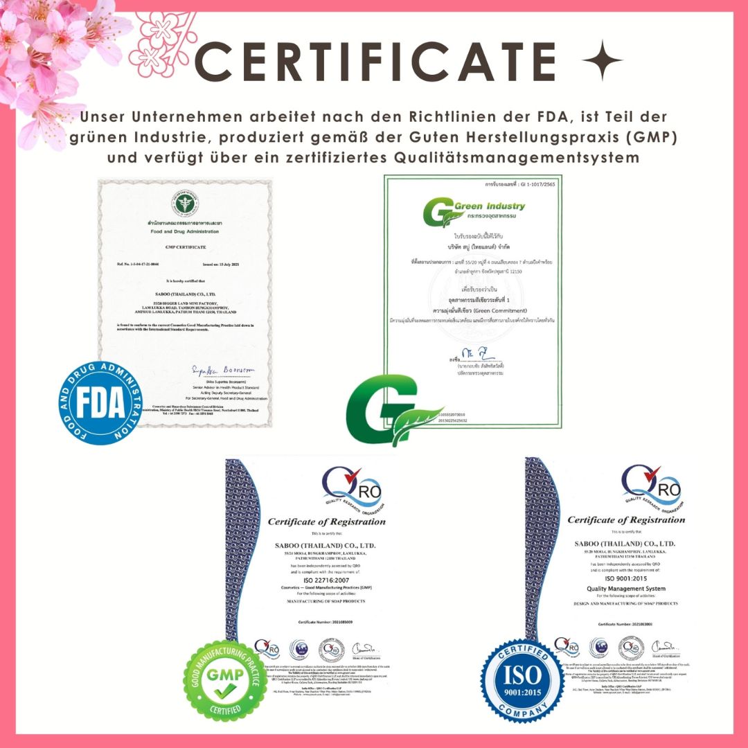 Zertifikate: FDA, GMP, ISO 9001. Logos: Green Industry, QRO. Text: Zertifiziertes Qualitätsmanagementsystem.