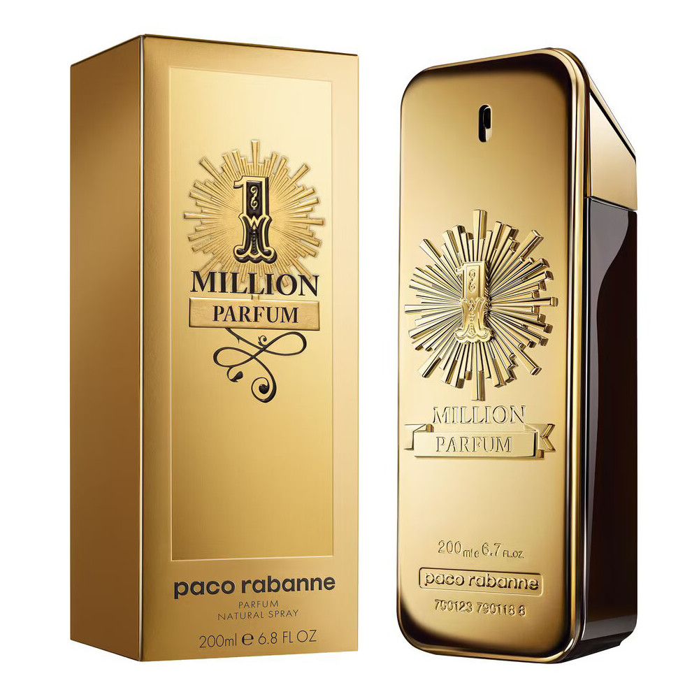 Goldfarbene Parfumflasche und -verpackung. Aufschrift: 1 Million Parfum, Paco Rabanne. Flasche in Barrenform, goldfarben.