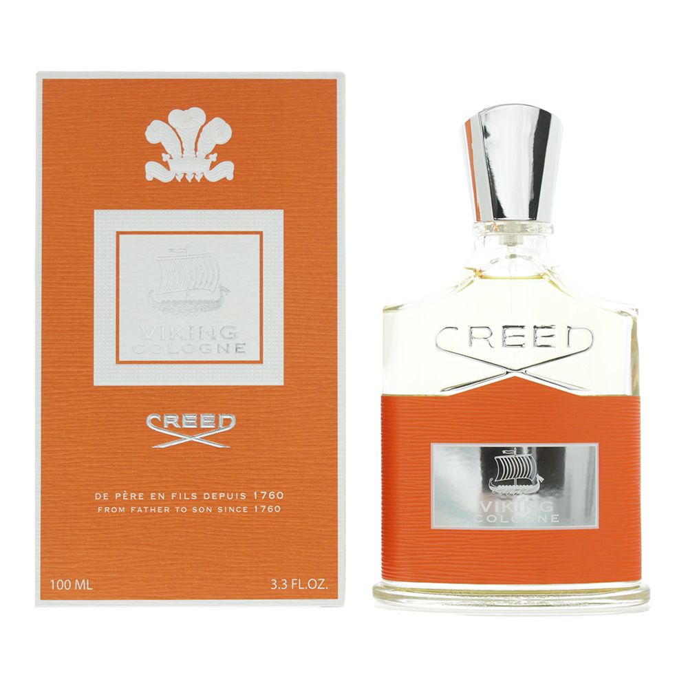 Orangefarbene Verpackung und Flakon. Aufschrift: Creed Viking Cologne. Silberne Akzente. 100 ml, 3.3 FL.OZ.