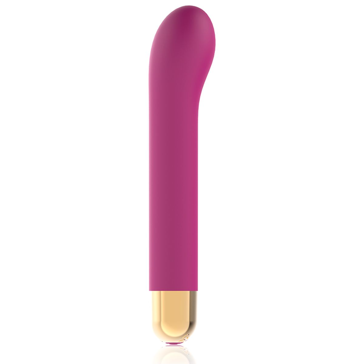 Lila Vibrator mit goldfarbenem Unterteil. Der Vibrator ist leicht gebogen.
