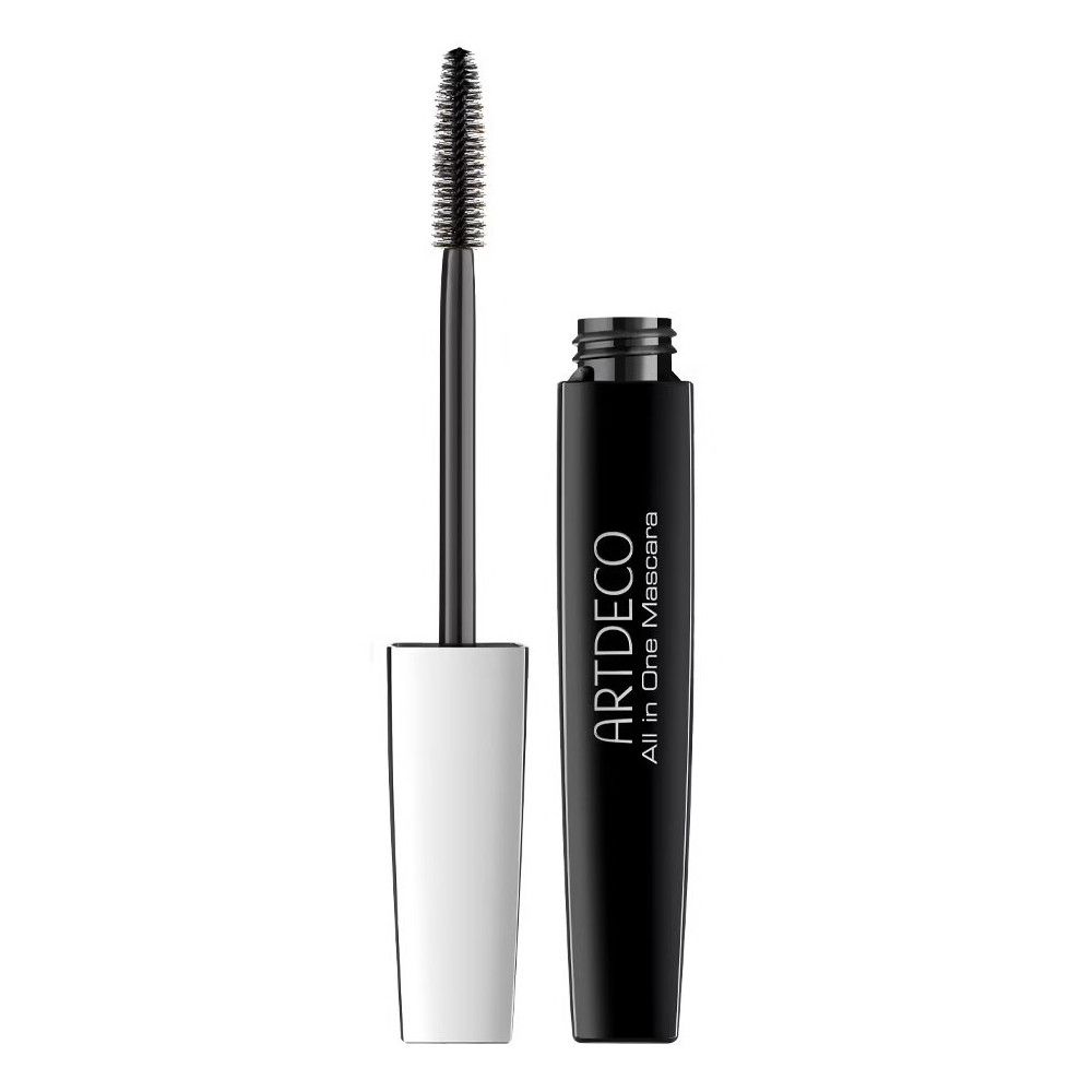 Schwarze Mascara-Tube und Bürste. Bürste ist aus der Tube gezogen. Aufschrift: ARTDECO All in One Mascara.