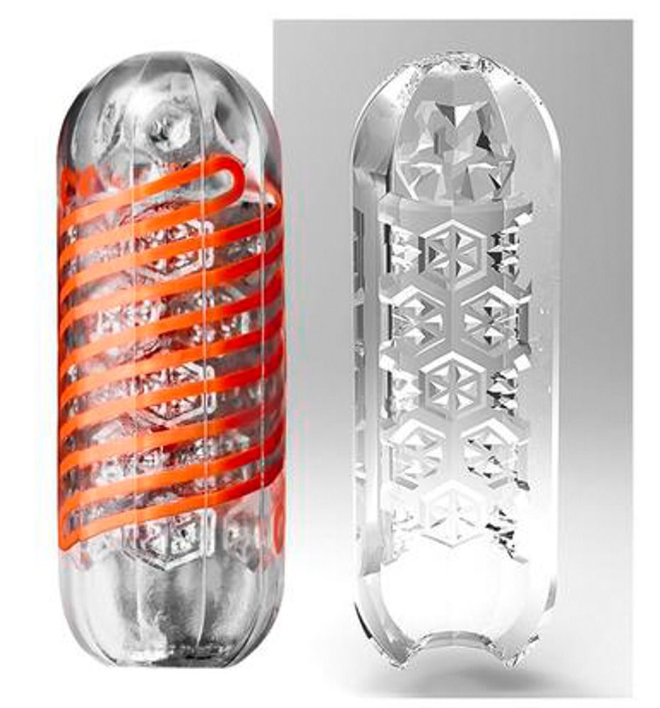 Zwei transparente, längliche Produkte. Eines mit orangefarbenen Spiralen, das andere mit hexagonalen Elementen. Auf weißem Hintergrund.