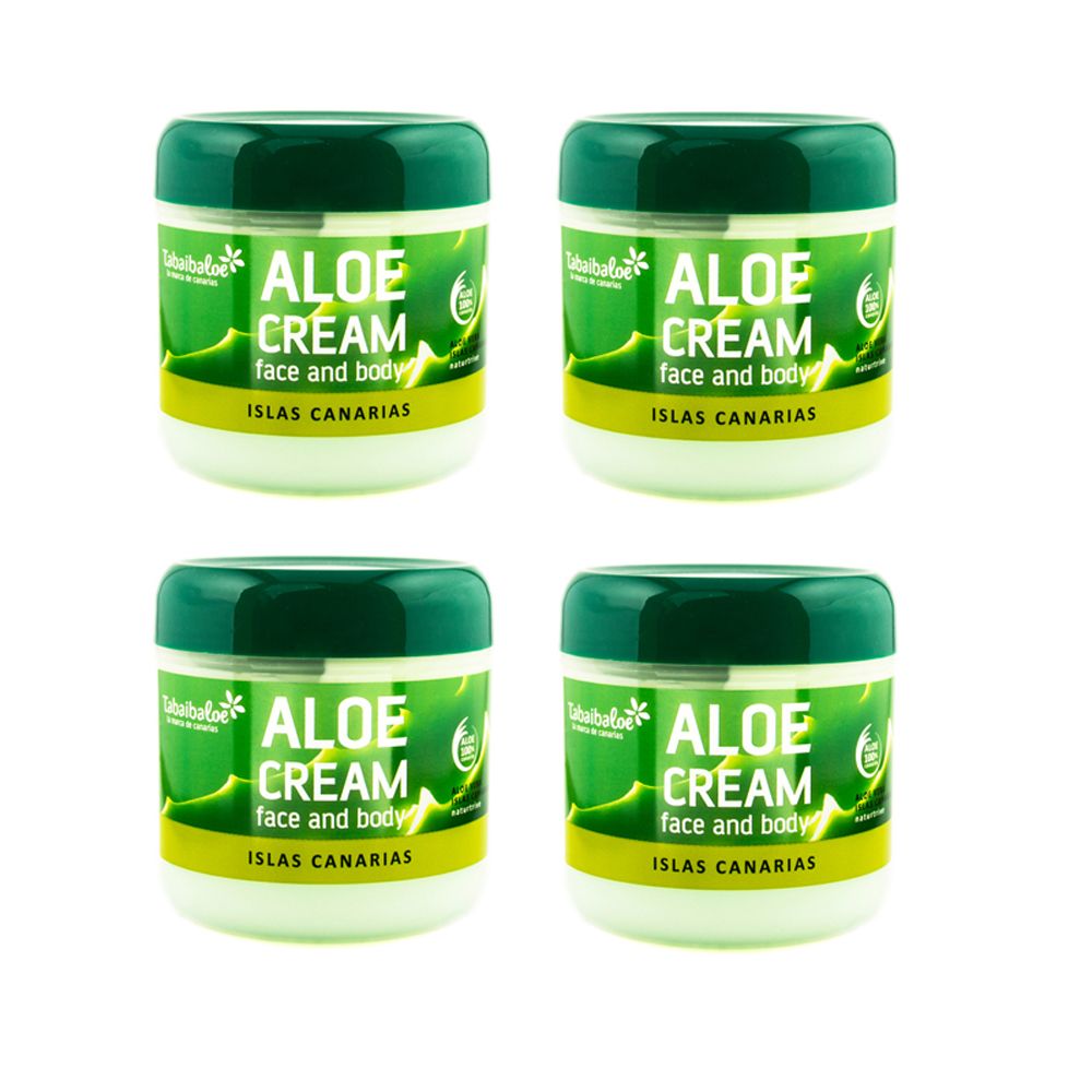 Vier Tiegel Tabaibaloe Aloe Vera Creme. Weiße Tiegel mit grünem Deckel und Etikett. Aufschrift: Aloe Cream, face and body, Islas Canarias.