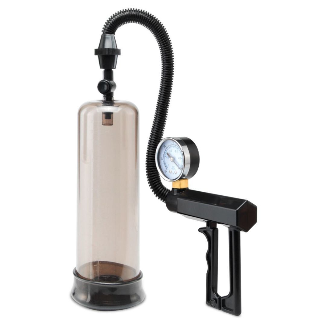 Pumpe mit Zylinder, Griff, Manometer und Schlauch. Schwarze und transparente Elemente.