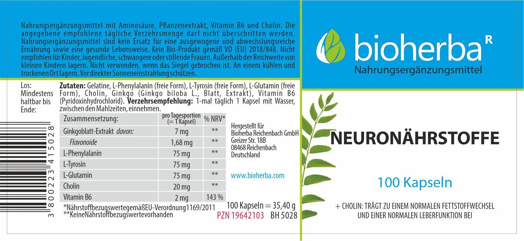 Etikett mit "bioherba" Logo, "NEURONÄHRSTOFFE" und "100 Kapseln". Enthält Nährwertangaben und Inhaltsstoffe.