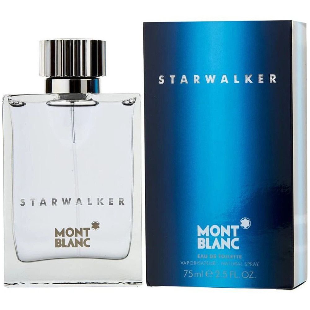 Montblanc Starwalker Eau de Toilette Spray. Rechteckiger Glasflakon mit silbernem Verschluss und blauer Verpackung. Markenlogo und Produktname.