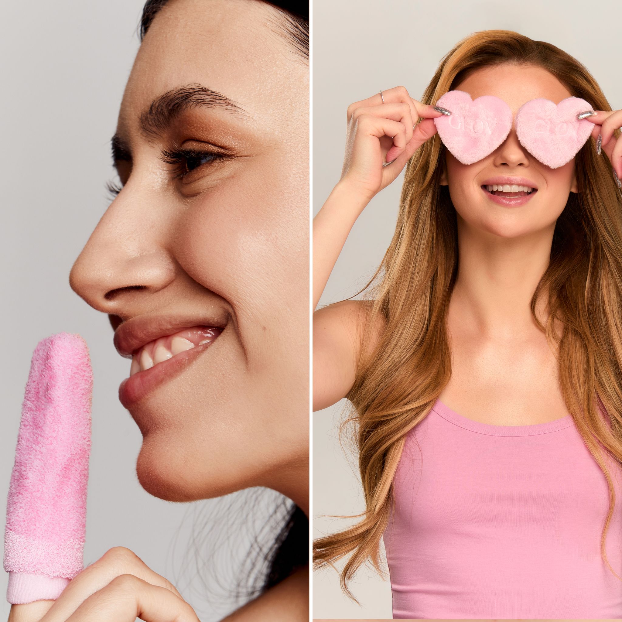 Zwei Bilder nebeneinander: Eine Frau benutzt ein rosa Pad, die andere hält rosa Herz-Pads vor die Augen.