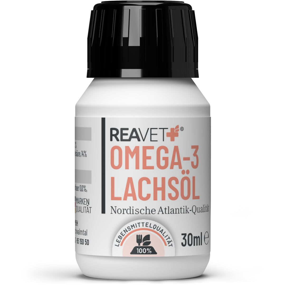 ReaVET Omega-3 Lachsöl Flasche. Weißes Etikett mit Text und Logo. Schwarzer Deckel. 30ml.