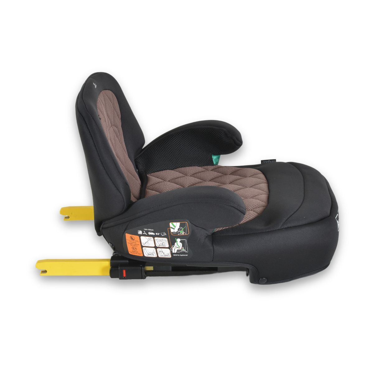 Schwarzer Kindersitz mit brauner gesteppter Sitzfläche und gelben ISOFIX-Konnektoren.