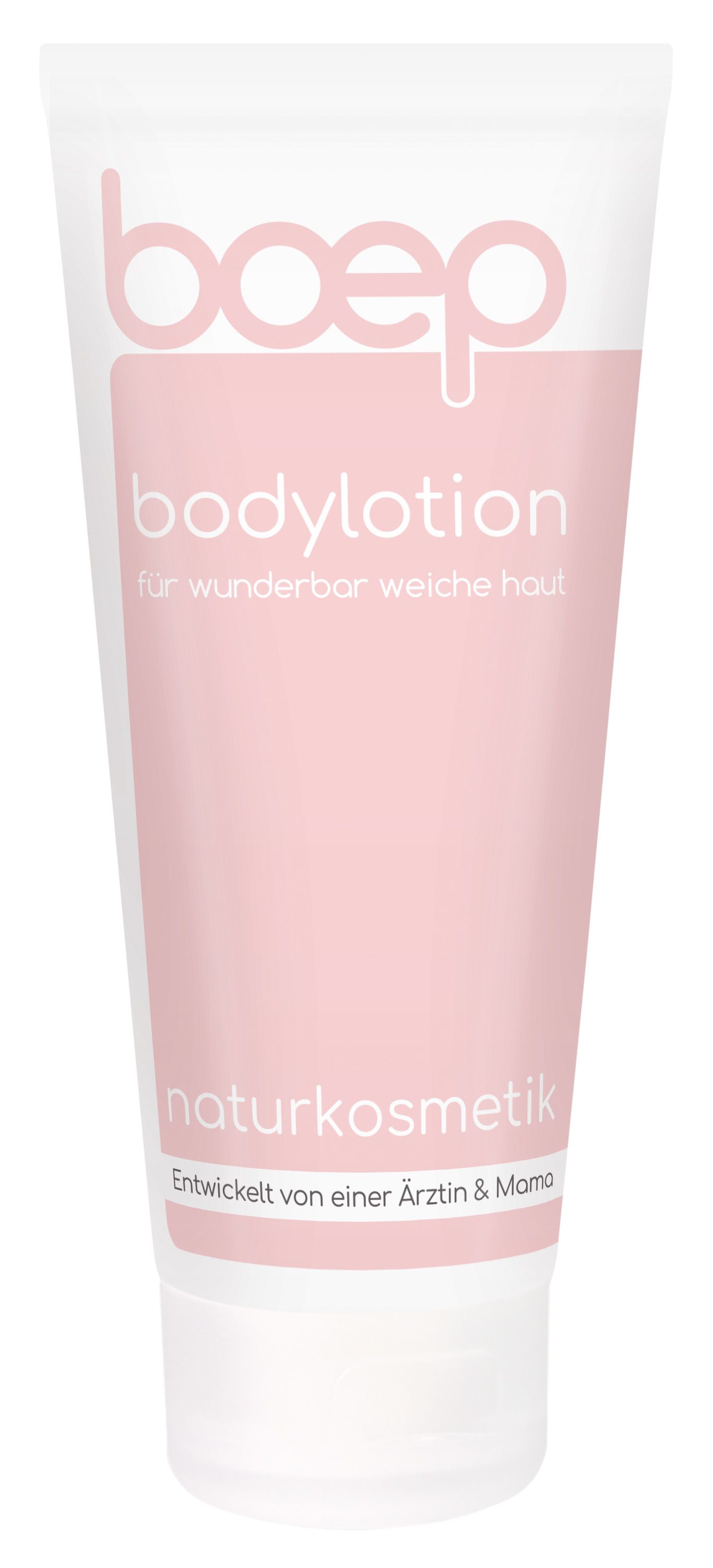 Tube Bodylotion mit rosa Etikett. Text: boep bodylotion. Text: für wunderbar weiche Haut. Text: Naturkosmetik. Entwickelt von einer Ärztin & Mama.
