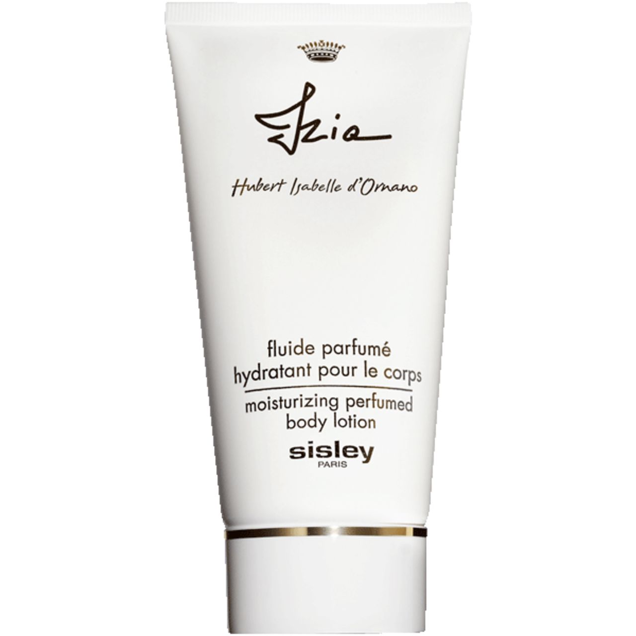 Weiße Tube mit goldfarbenen Akzenten. Text: Izia, Hubert Isabelle d'Ornano, fluide parfumé hydratant pour le corps, Sisley Paris.