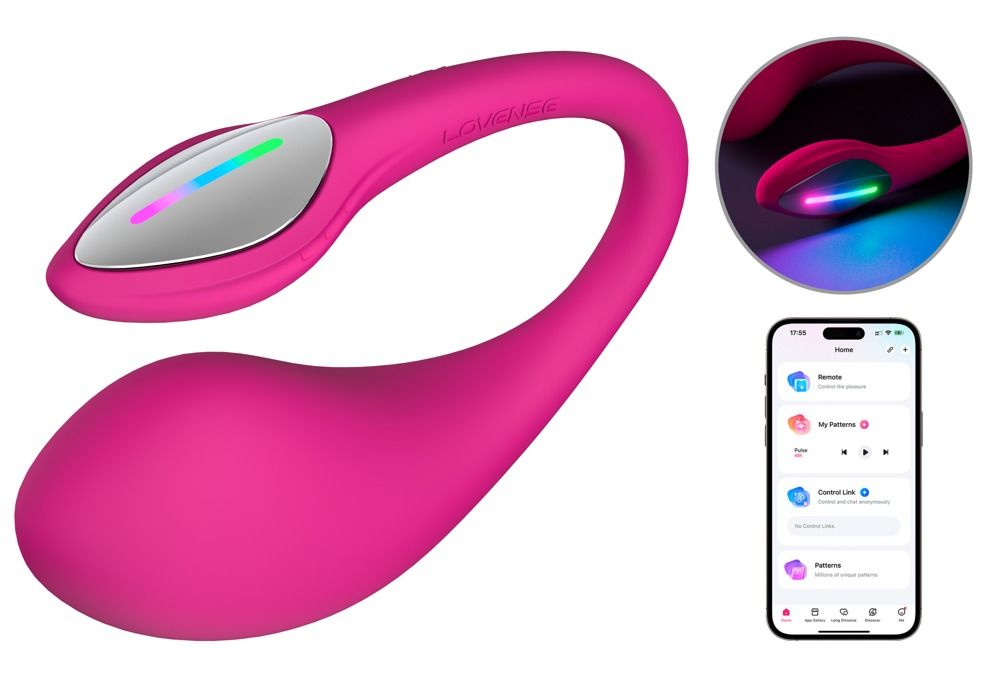 Rosa Vibrator mit gebogener Form und farbigem Licht. Smartphone mit App-Anzeige.