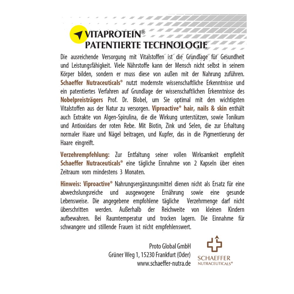 Textseite mit Informationen zu Viproactive® Hair, Nails & Skin. Inhaltsstoffe und Hersteller.