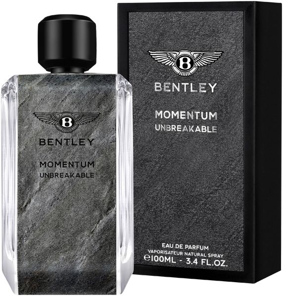 Bentley Momentum Unbreakable EdP Nat. Spray. Flakon und Verpackung. Schwarzer Deckel, grauer Stein-Look, Bentley-Logo. Text: Eau de Parfum.
