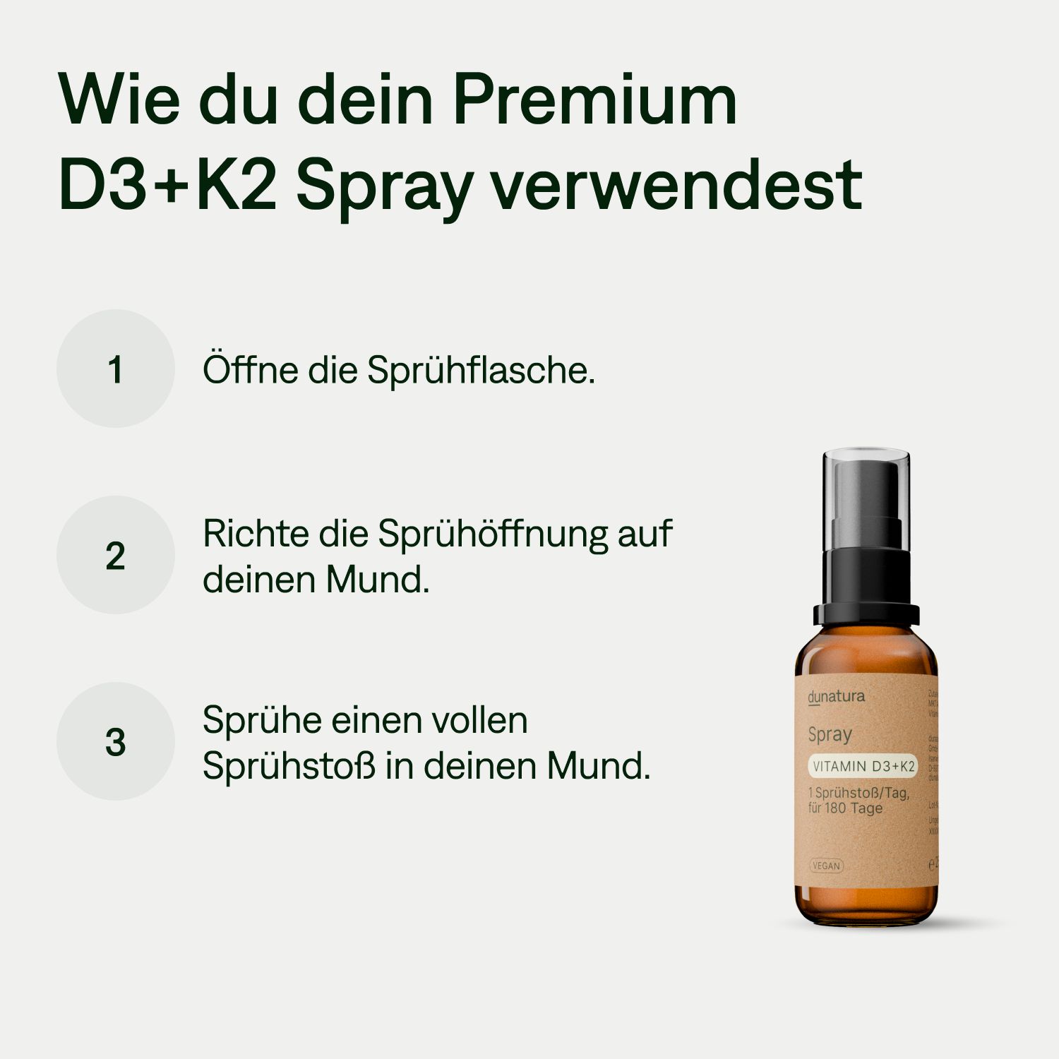 Anleitung zur Verwendung des D3+K2 Sprays. Zeigt eine Flasche und beschreibt drei Schritte: Öffnen, Mund richten, sprühen.